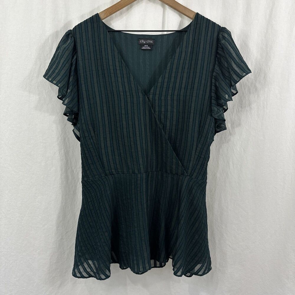 City Chic Evoke Teal Y2K Dark Romantic Striped Flutter Sleeve Top Size M/18